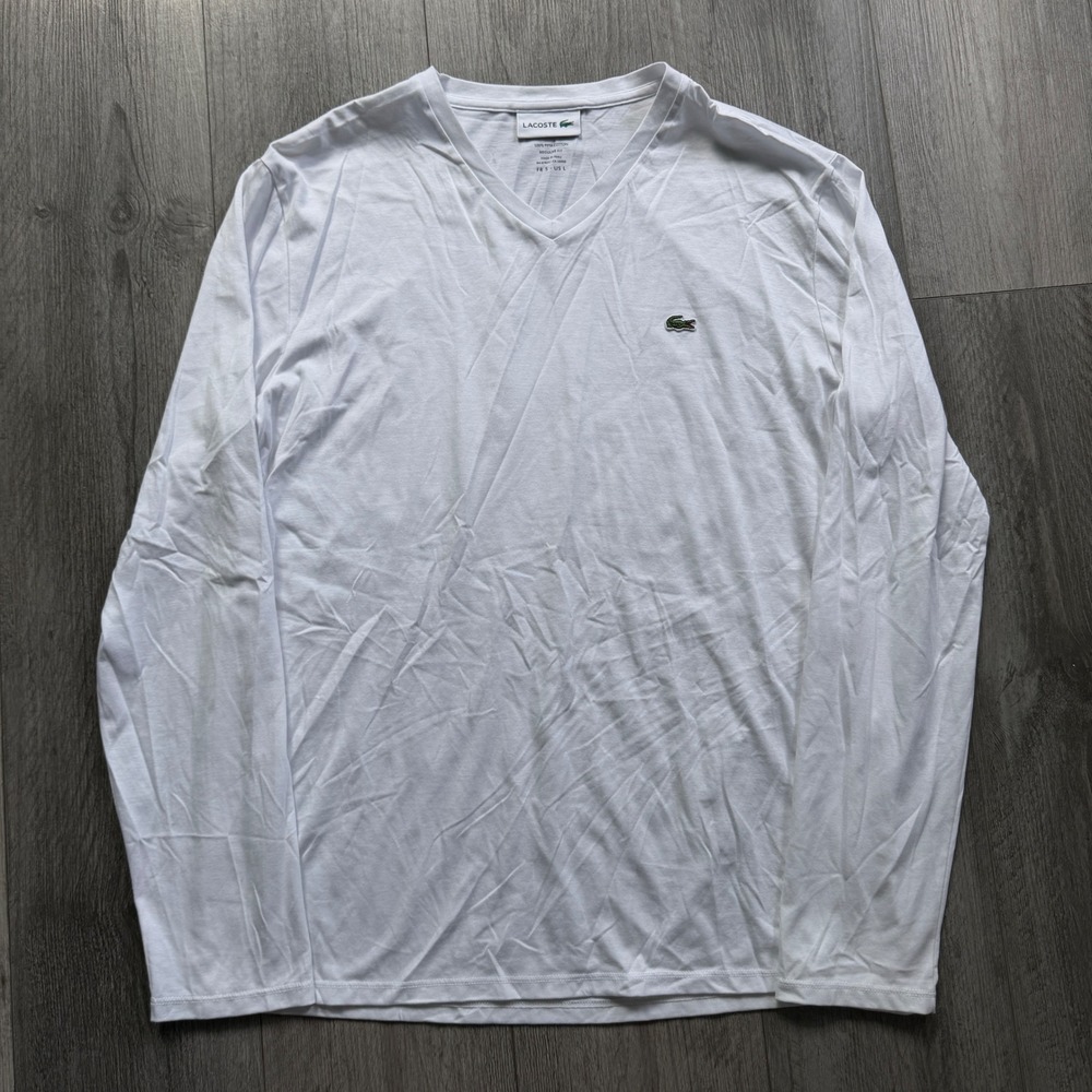 Lacoste Long Sleeve V-Neck Shirt Mens L White Pima Cotton Croc Regular Fit Peru